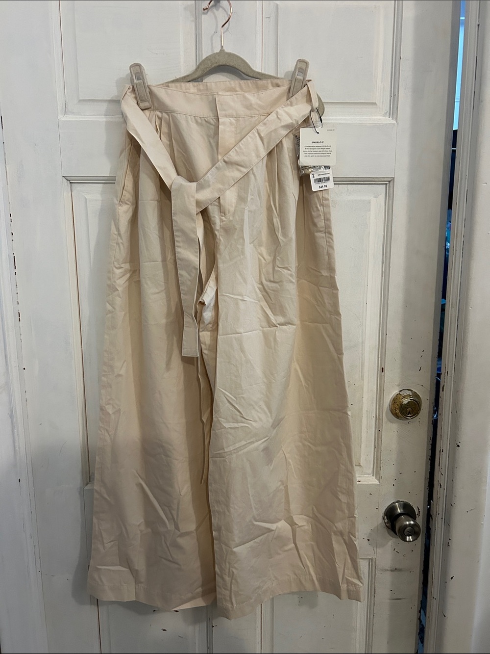 NWT Claire Waighr Keller Uniqlo Cream Wide-Leg Pants with Tie Waist - size 2